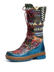 SOCOFY Cuir véritable gaufré Colorful Bottes hautes plates en laine à lacets et fermeture à glissière - Newchic - Modalova