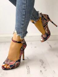 S grande taille fête Folkway impression talon aiguille peep toe boucle sangle sandales - Newchic - Modalova