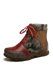 SOCOFY rétro grosse tête en relief en cuir véritable épissage modèle de journal bottes à lacets plates - Newchic - Modalova