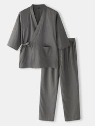 Ensembles de pyjamas à la maison de kimono à manches longues en coton de couleur unies avec cravate latérale - Newchic - Modalova