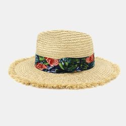 Chapeau de plage de protection solaire de chapeau de paille de raphia de modèle imprimé par s - Newchic - Modalova