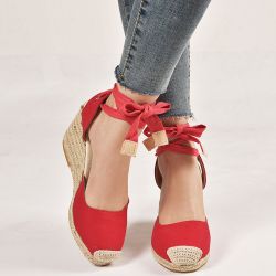 Grande taille s casual lin fermé orteil espadrille coins sandales à lacets - Newchic - Modalova