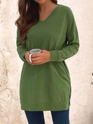 Col en V fendu irrégulier Couleur unie Décontractée Plus Taille Long Blouse - Newchic - Modalova