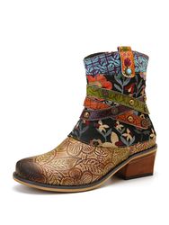 SOCOFY Bottes plates confortables en cuir véritable avec motif imprimé rétro - Newchic - Modalova
