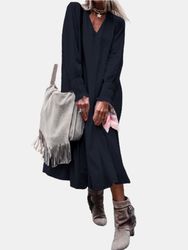 Robe mi-longue décontractée à manches longues et col en V de couleur unie - Newchic - Modalova