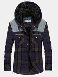 Mens Plaid 100% coton doublé en peluche épais bouton pression chemise pardessus à capuche - Newchic - Modalova