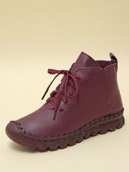 SOCOFY Cuir Véritable Couture Couleur Unie Soft Semelle Portable Bottes Courtes Plates Décontractées - Newchic - Modalova