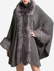 Manteau Cape Élégant en Tricot Effet Patchwork en Fausse Fourrure Coupe Irrégulière - Newchic - Modalova