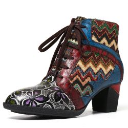 SOCOFY Retro Colorful Vague en cuir véritable gaufré à lacets à lacets Bottes à talons hauts - Newchic - Modalova