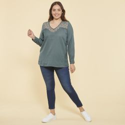 Blouse manches longues col V et poignets avec dentelle grandes tailles - Bouteille - 3 SUISSES - Modalova