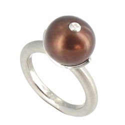 Bague Argent Rhodié Perle de Culture 11 mm Cuivrée et son Strass - taille 50 - Les Poulettes Bijoux - Modalova