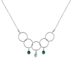 Collier Argent Rhodié Cinq Anneaux Ciselés Deux Perles de Malachite et Une Perle Fac - Les Poulettes Bijoux - Modalova