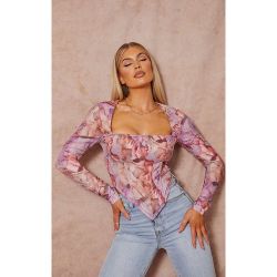 Crop top corset en maille imprimé Renaissance à détail buste et manches longues - PrettyLittleThing - Modalova