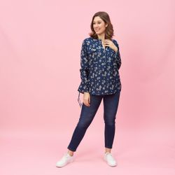 Blouse à fleurs col mao avec zip manches longues froncées grandes tailles - Imprimé Bleu Marine - 3 SUISSES - Modalova
