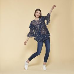 Promo : Blouse semi-transparente manches 3/4 volants ouverture dos - Imprimé Bleu Marine - 3 SUISSES - Modalova