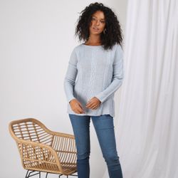 Promo : Pull fendu manches longues tressé devant - Bleu Clair Chiné - 3S. x Le Vestiaire - Modalova