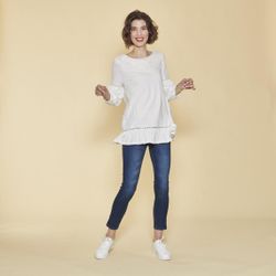 Promo : Tee-shirt manches longues élastiquées guipure et volants - écru - 3 SUISSES - Modalova