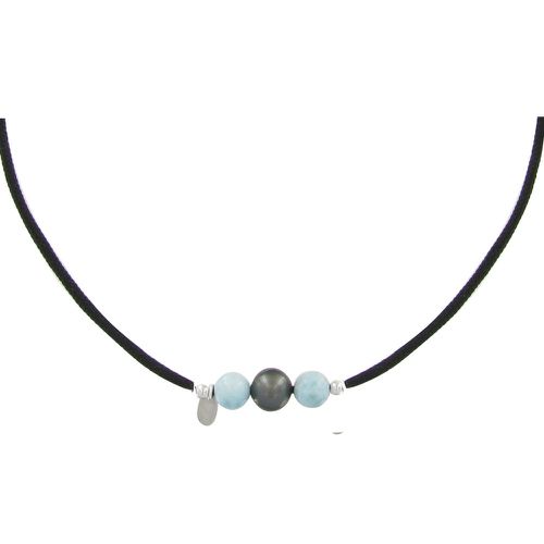 Collier Lien Noir 1 Perle de Tahiti et 2 Perles de Larimar - LES POULETTES BIJOUX - Modalova
