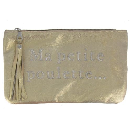 BIJOUX - Pochette Sac Cuir Brodé Ma Petite Poulette Couleur Doré - LES POULETTES - Modalova