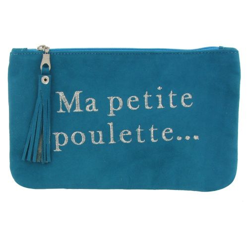 BIJOUX - V Pochette Sac Daim Brodé Ma Petite Poulette Couleur Bleu Vert - LES POULETTES - Modalova