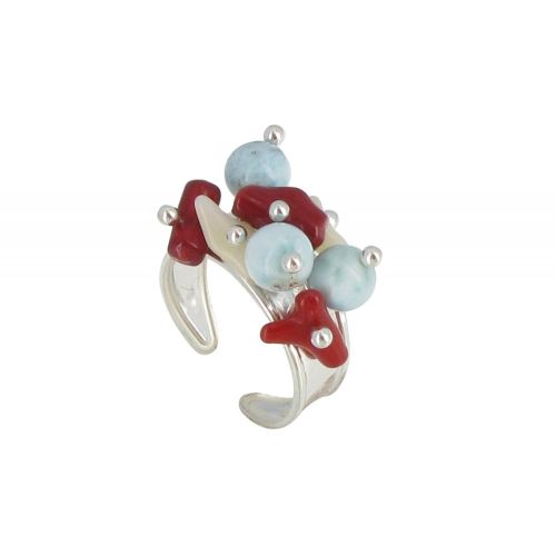 Bague Argent Perles de Larimar, Corail Rouge et Blanc - LES POULETTES BIJOUX - Modalova