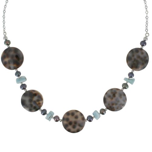 Collier Chaine Argent 925 Disque Nacre Tigrée et Pépites de Larimar - LES POULETTES BIJOUX - Modalova