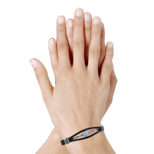 V Bracelet Lien Cuir Noir Coton Beige et Perle de Larimar - LES POULETTES BIJOUX - Modalova