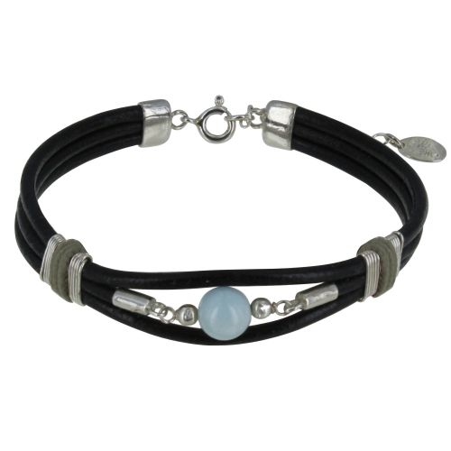 V Bracelet Lien Cuir Noir Coton Beige et Perle de Larimar - LES POULETTES BIJOUX - Modalova