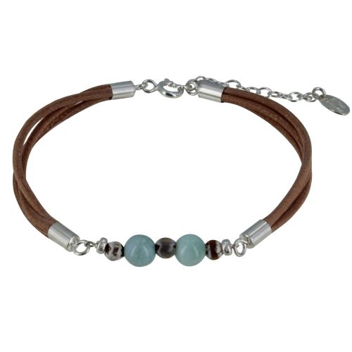 V Bracelet Lien Cuir Marron Clair Perles d'Agate et de Larimar - LES POULETTES BIJOUX - Modalova