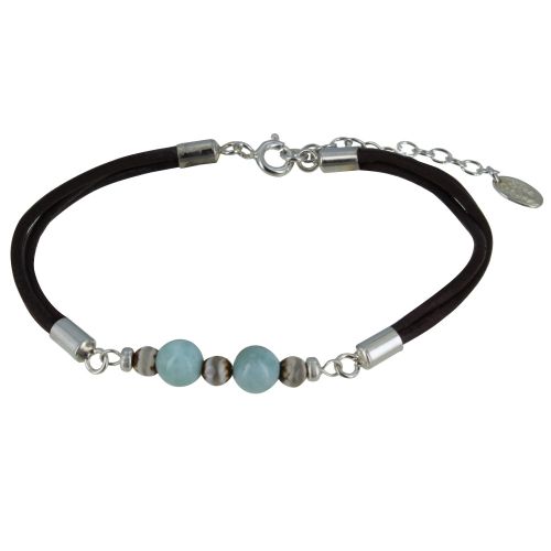 Bracelet Lien Cuir Marron Foncé Perles d'Agate et de Larimar - LES POULETTES BIJOUX - Modalova