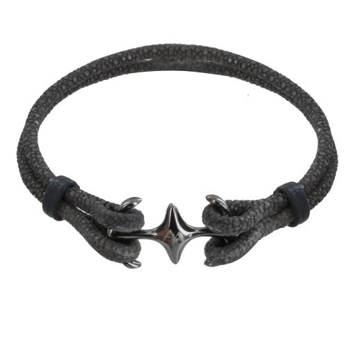 Bracelet en Argent 925 Rhodié Double Ancre et Cuir - 20cm - Gris - LES POULETTES BIJOUX - Modalova