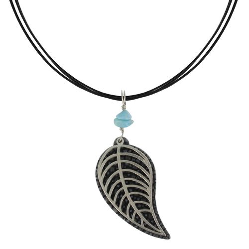 Collier Cordon en Cuir Feuilles de Cuir et Argent Pépites de Larimar - Noir - LES POULETTES BIJOUX - Modalova