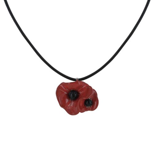 Collier Lien Cuir Noir Deux Coquelicots Céramique - LES POULETTES BIJOUX - Modalova