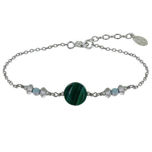 Bracelet Argent Rhodié Un Bouton de Malachite Deux Perles de Larimar Facettées et Pe - LES POULETTES BIJOUX - Modalova