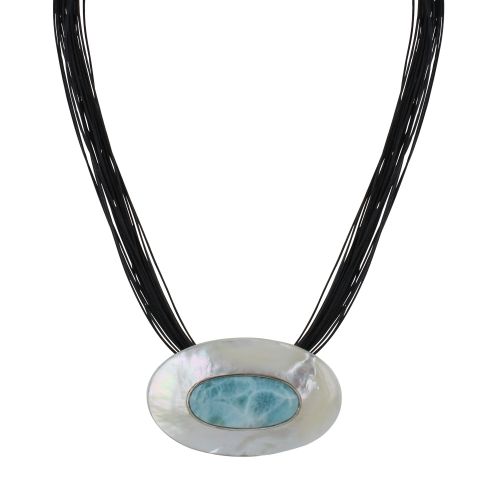 Collier Multi Liens Cuir Noir Grand Oval de Nacre et Larimar - LES POULETTES BIJOUX - Modalova