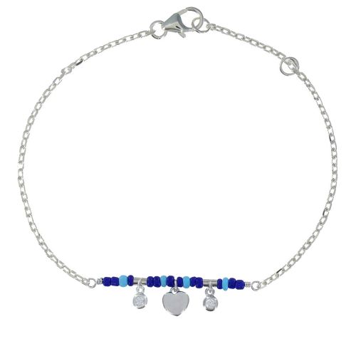 Bracelet 925 Rhodié Petit Coeur Deux Strass et Perles Bleus - LES POULETTES BIJOUX - Modalova