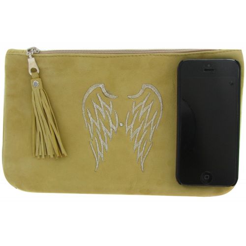 BIJOUX - Pochette Sac Daim Brodé Deux Ailes d'Ange Couleur - LES POULETTES - Modalova