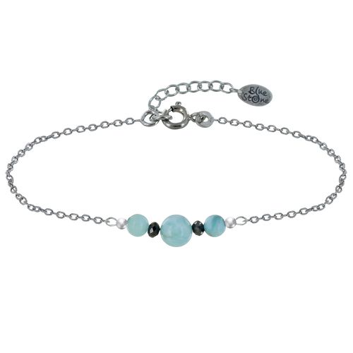 Bracelet Chaine Argent Rhodié Trois Perles de Larimar et Deux Diamants Noirs Facetté - LES POULETTES BIJOUX - Modalova