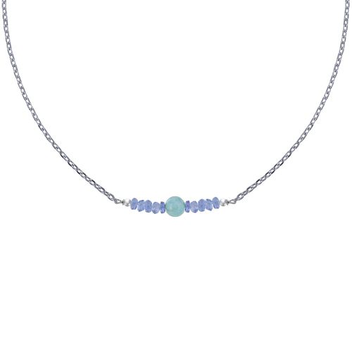 Collier Chaine Argent Rhodié Perles Facettées de Tanzanite et Une Perle de Larimar - LES POULETTES BIJOUX - Modalova
