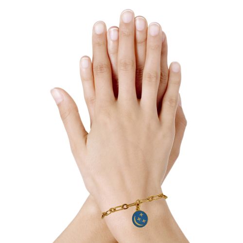 Bracelet Laiton Doré Breloque Ronde Lune et Etoiles Emaillée - LES POULETTES BIJOUX - Modalova