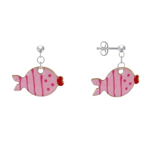 Boucles d'Oreilles Argent Petit Poisson à Pois et Lignes Emaillées - Rose - LES POULETTES BIJOUX - Modalova