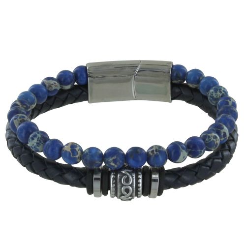 Bracelet Acier Cuir et Perles de Jaspe Bleu - taille 19 cm - LES POULETTES BIJOUX - Modalova