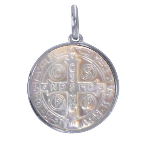 Pendentif Rhodié et Nacre Médaille Ronde Croix de Saint Benoit - LES POULETTES BIJOUX - Modalova