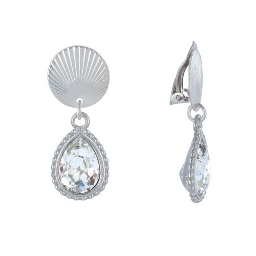 Boucles d'Oreilles Clips Laiton Argenté Pastille Striée et Goutte Cristal - Transpar - LES POULETTES BIJOUX - Modalova