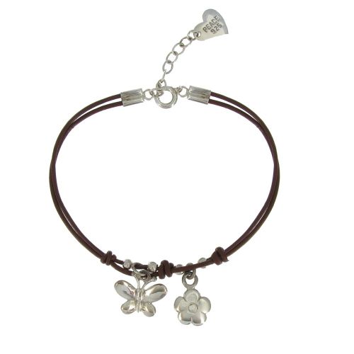 Bracelet Fleur et Papillon Argent 925 Fil Cuir Foncé - LES POULETTES BIJOUX - Modalova