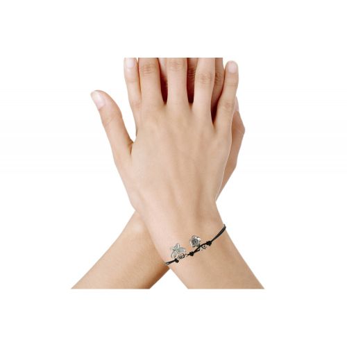 Bracelet Fleur et Papillon Argent 925 Fil Cuir Foncé - LES POULETTES BIJOUX - Modalova