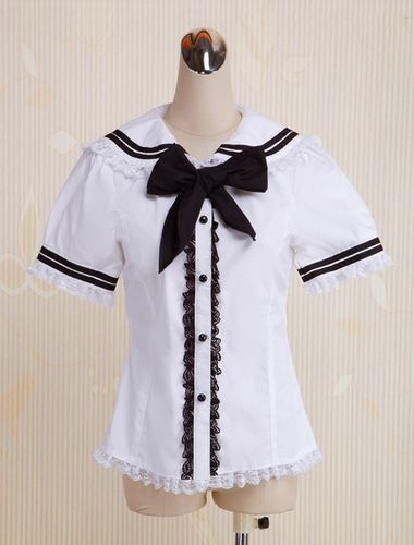 Coton blanc Lolita Blouse manches courtes marin Style dentelle Bow Trim Dguisements Halloween - Milanoo FR - Modalova