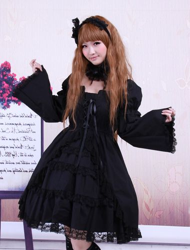 Garniture en dentelle de coton noir Lolita OP robe manches longues Dguisements Halloween - Milanoo - Modalova