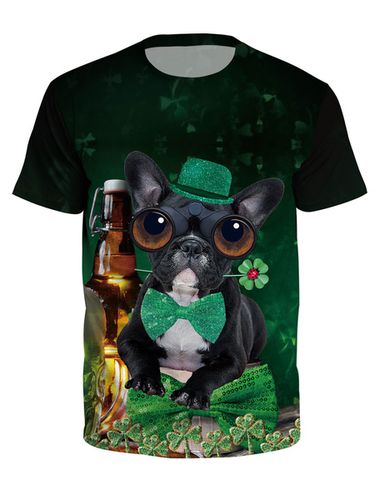 St Patrick T-shirt Vert Manches Courtes Irlandais Imprim En 3d Et Imprim Chien Dguisements - Milanoo - Modalova