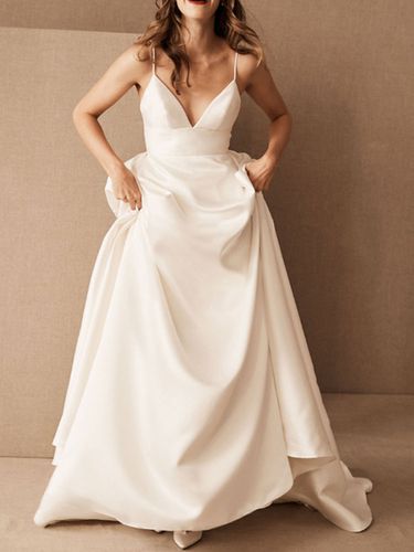 Robe de marie simple blanche en tissu de satin col V btretelle trane courte - Milanoo - Modalova